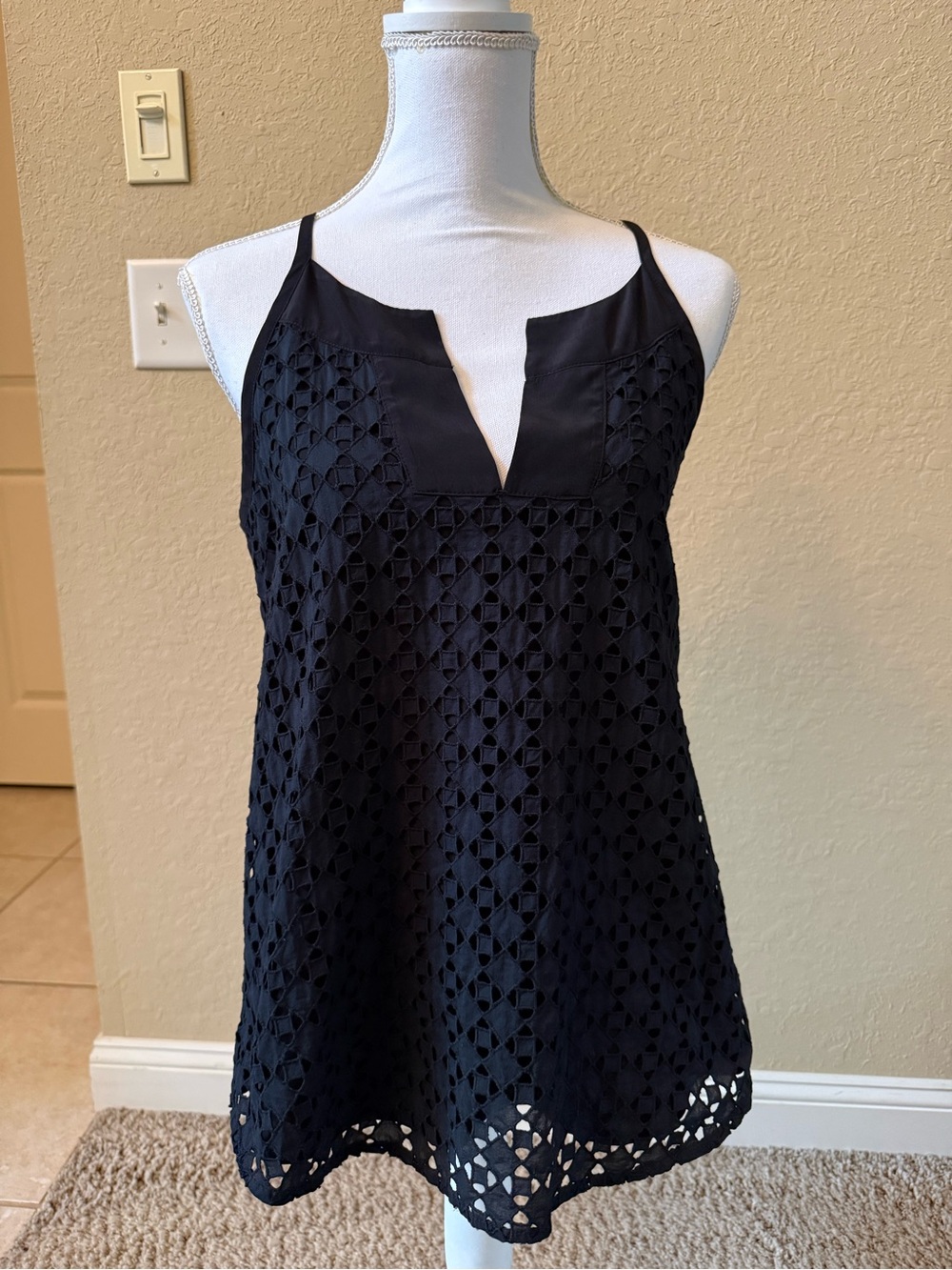 Athleta Black Eyelet Lace tank with Notch V-Neck